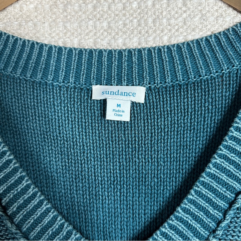 SUNDANCE teal blue short sleeve v-neck Much Loved chunky knit sweater MEDIUM - Picture 6 of 7